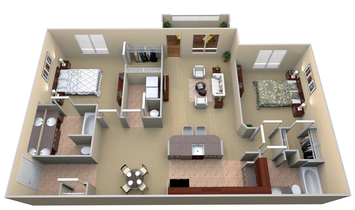 Floor plan for 2 beds, 2 baths, 1370 sqft